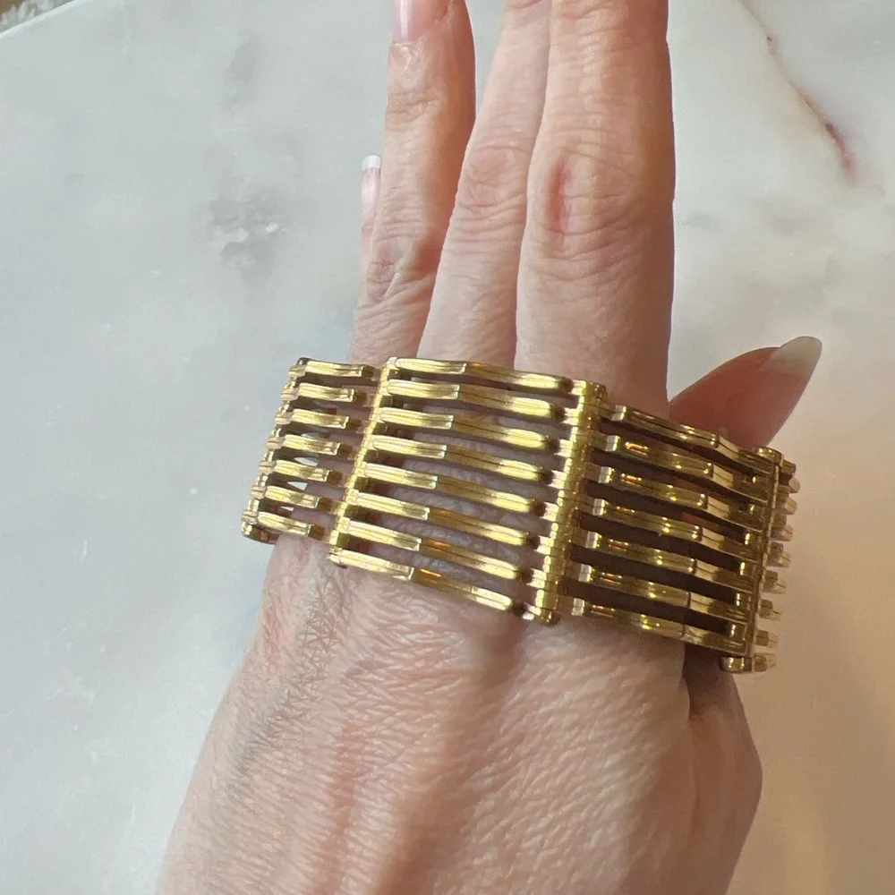 Vintage Architectural Gold Link Bracelet Bauhaus Inspired | Articulated Cuff - Picture 7 of 9